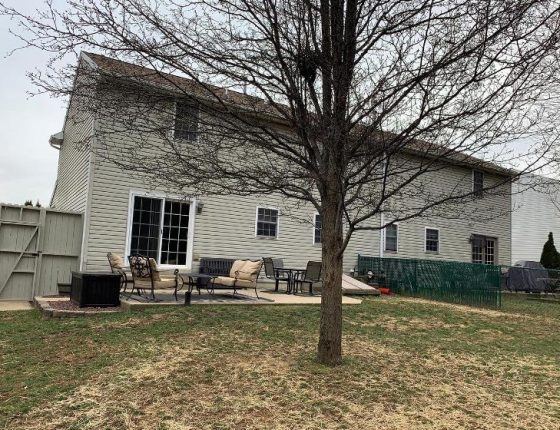 medium sized tree and outdoor patio furniture sitting behind new home for sale