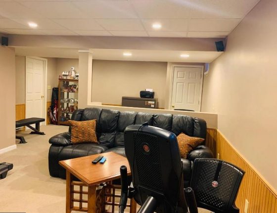 leather couch and brown coffee table in new home for sale basement