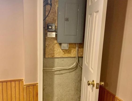 circuit box attached to plywood board behind white door in home for sale