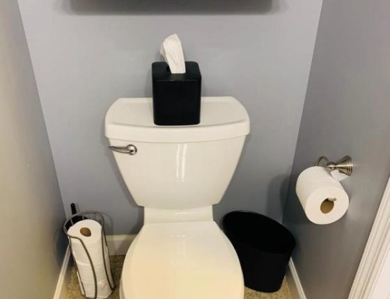 toilet and toilet paper rolls in bathroom of new home for sale